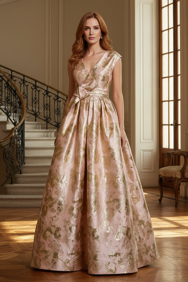 Jacquard A-Line Evening Gown with Bow Waist