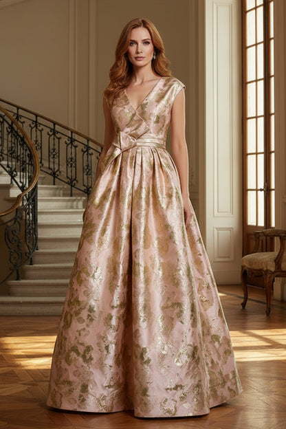 Jacquard A-Line Evening Gown with Bow Waist