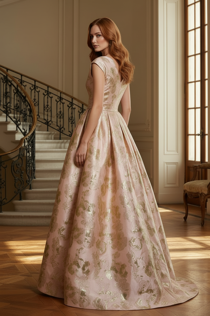Jacquard A-Line Evening Gown with Bow Waist