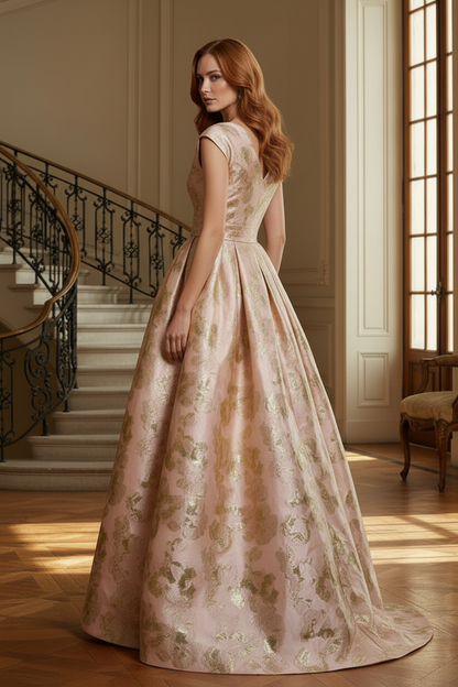 Jacquard A-Line Evening Gown with Bow Waist
