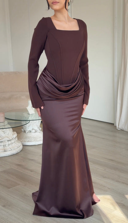Long Sleeve Corset Gown with Draped Satin Skirt
