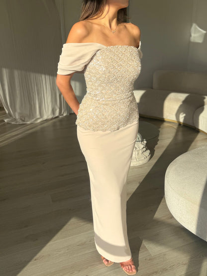 Beaded Off-the-Shoulder Column Maxi Dress