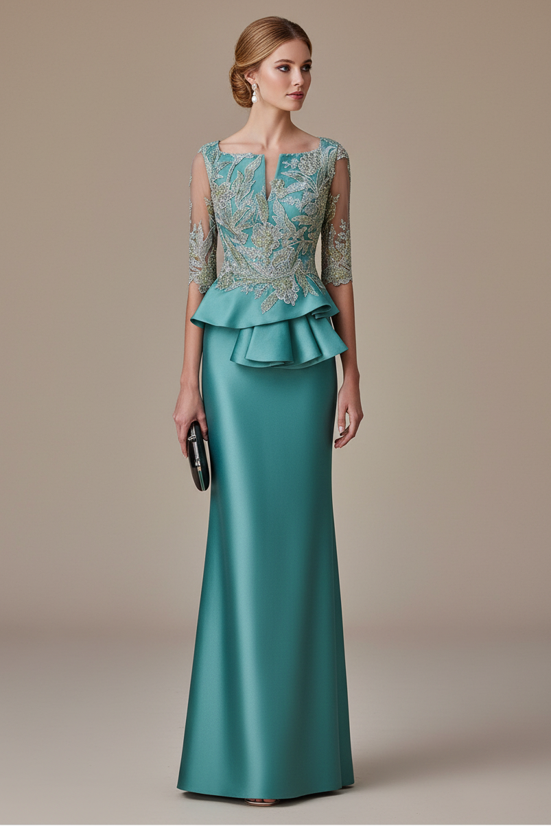 Embroidered Illusion Peplum Evening Gown