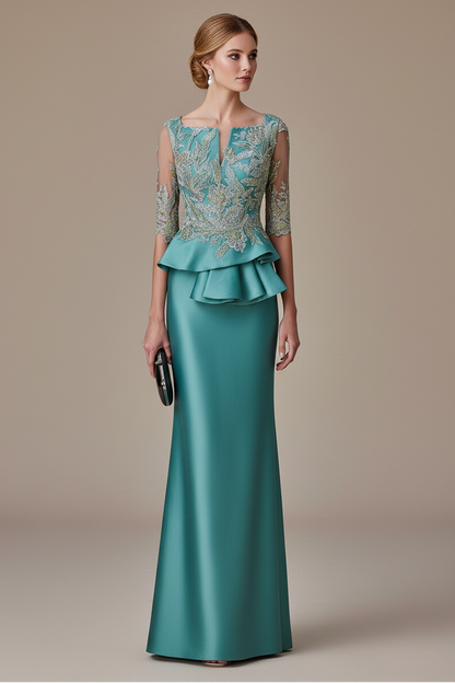 Embroidered Illusion Peplum Evening Gown