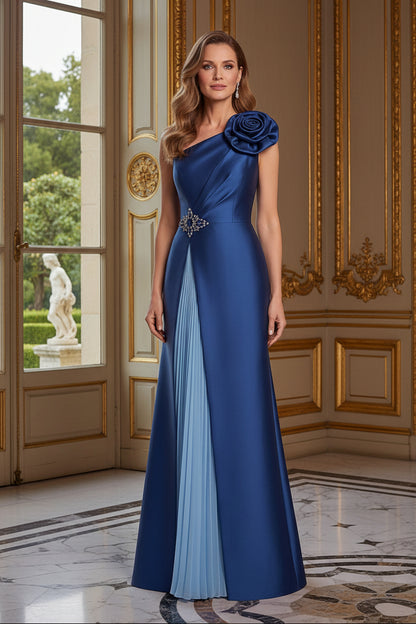 One-Shoulder Floral Evening Gown with Pleated Insert