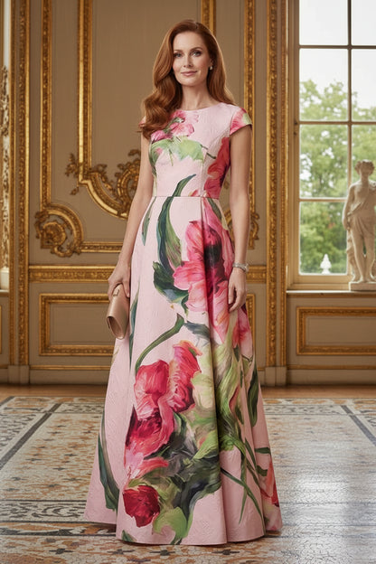Floral Jacquard Cap Sleeve A-Line Gown