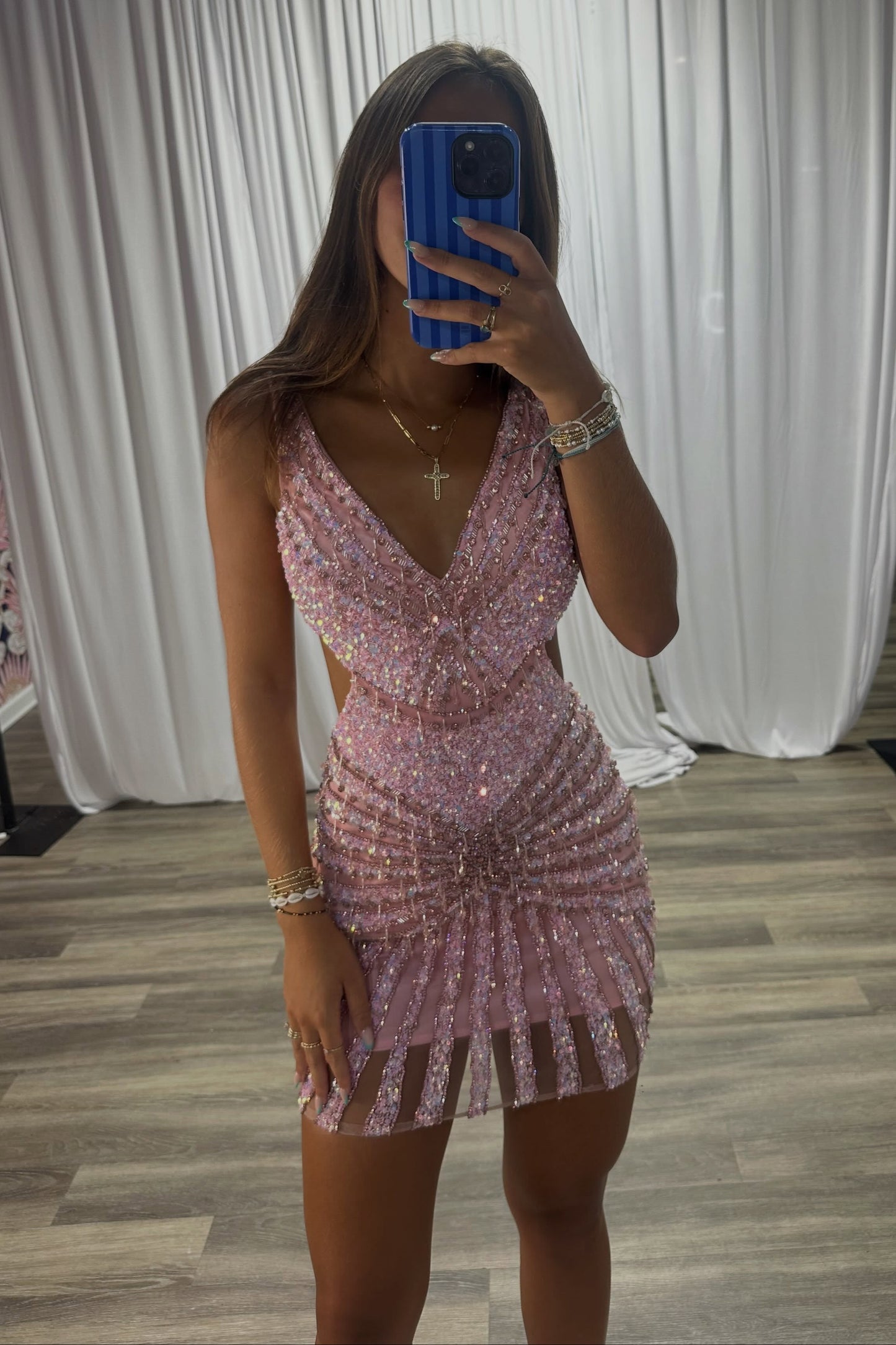 Sequin Embellished Mini Dress with Cutout Waist