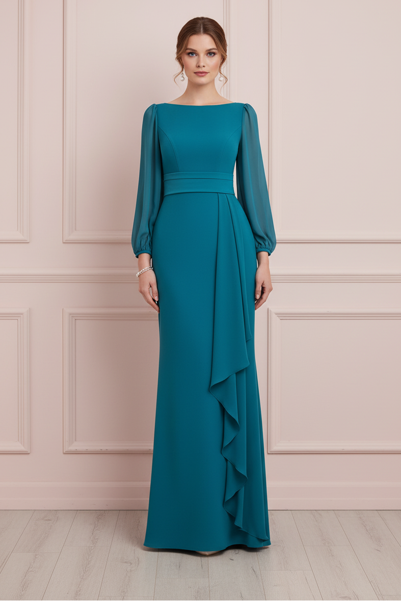 Long Sleeve Bateau Neck Evening Gown with Slit