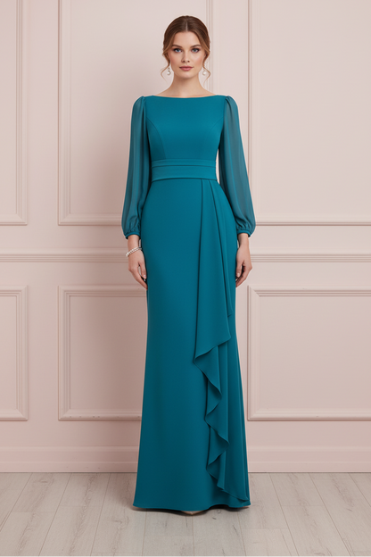 Long Sleeve Bateau Neck Evening Gown with Slit