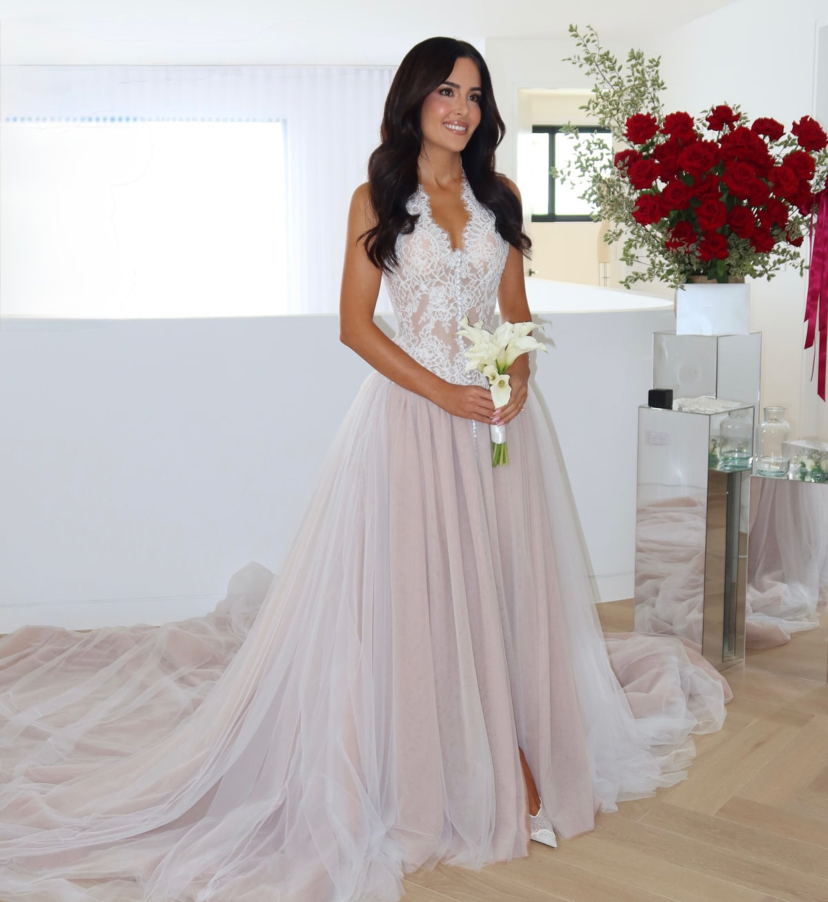 Lace Bodice Tulle Wedding Dress with Train