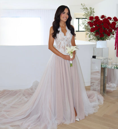 Lace Bodice Tulle Wedding Dress with Train