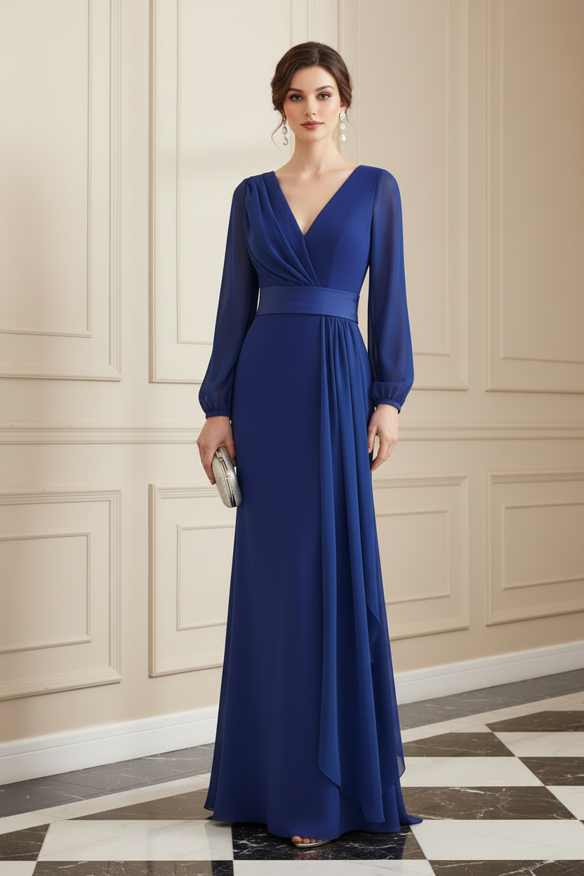 V-Neck Long Sleeve Chiffon Draped Evening Gown