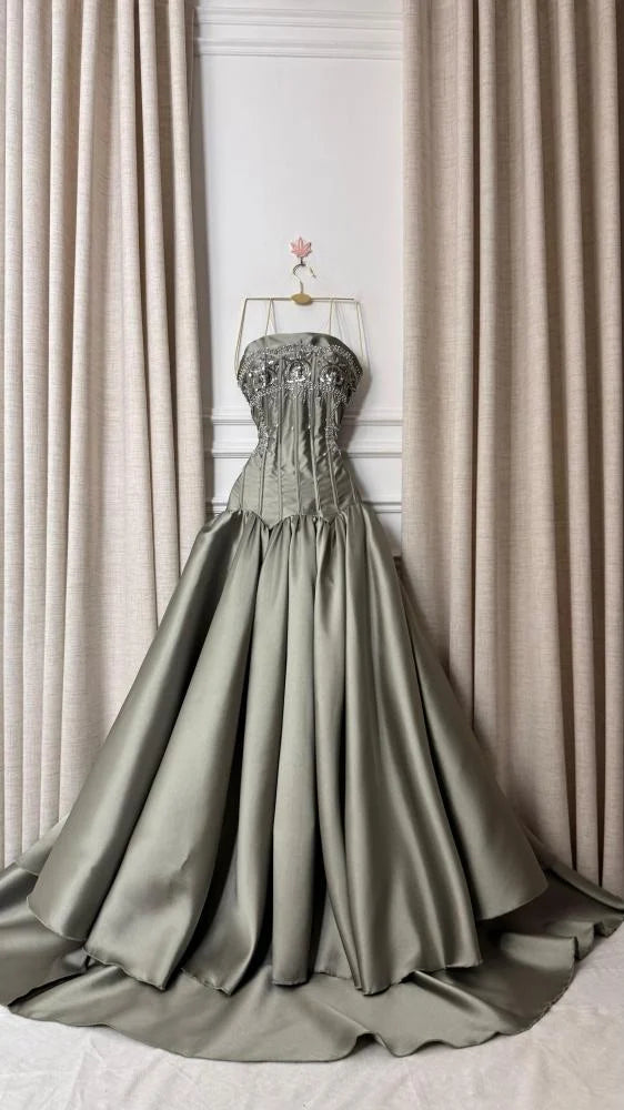 Strapless Beaded Corset Satin Ball Gown
