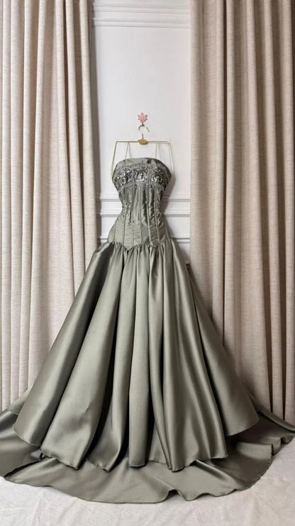 Strapless Beaded Corset Satin Ball Gown