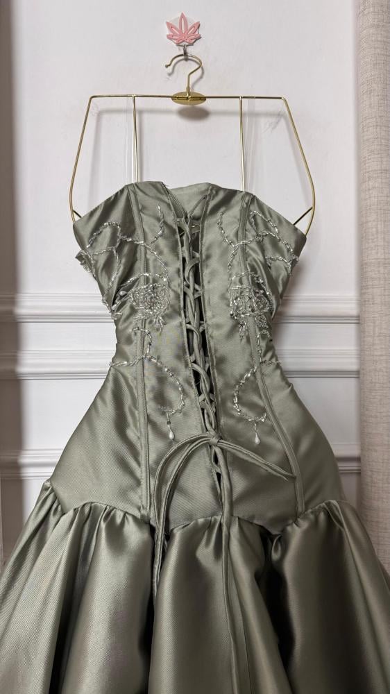 Strapless Beaded Corset Satin Ball Gown
