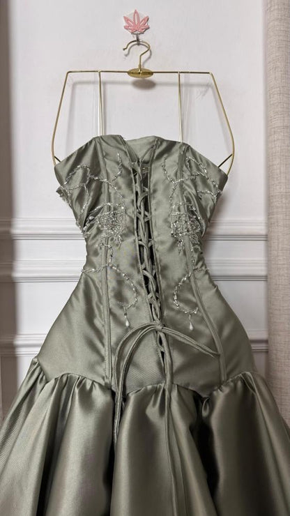 Strapless Beaded Corset Satin Ball Gown