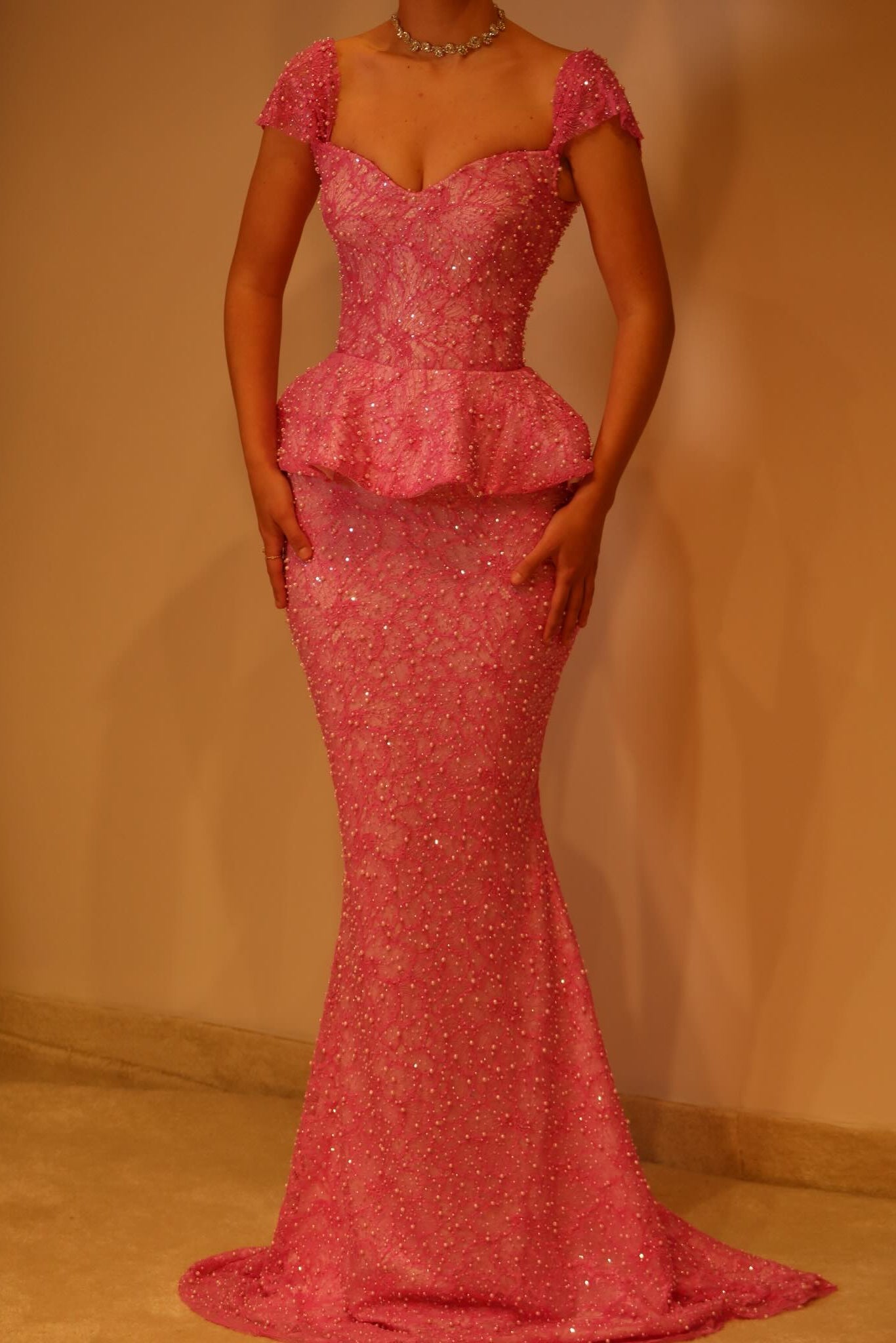 Pearl Beaded Mermaid Evening Gown with Peplum