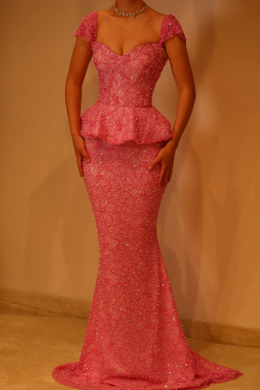 Pearl Beaded Mermaid Evening Gown with Peplum