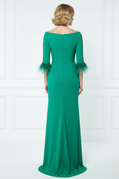 Feather-Trimmed Embellished Mermaid Gown