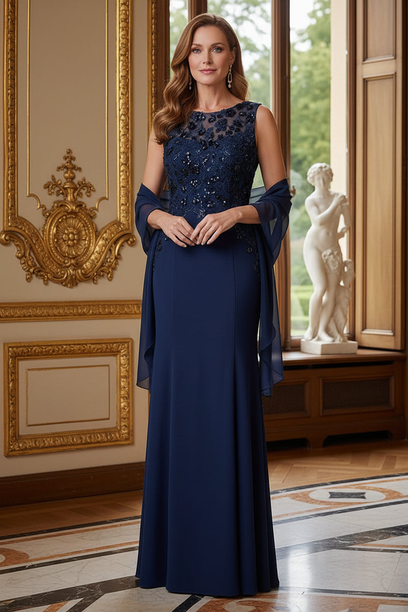 Floral Beaded Illusion Gown with Matching Shawl