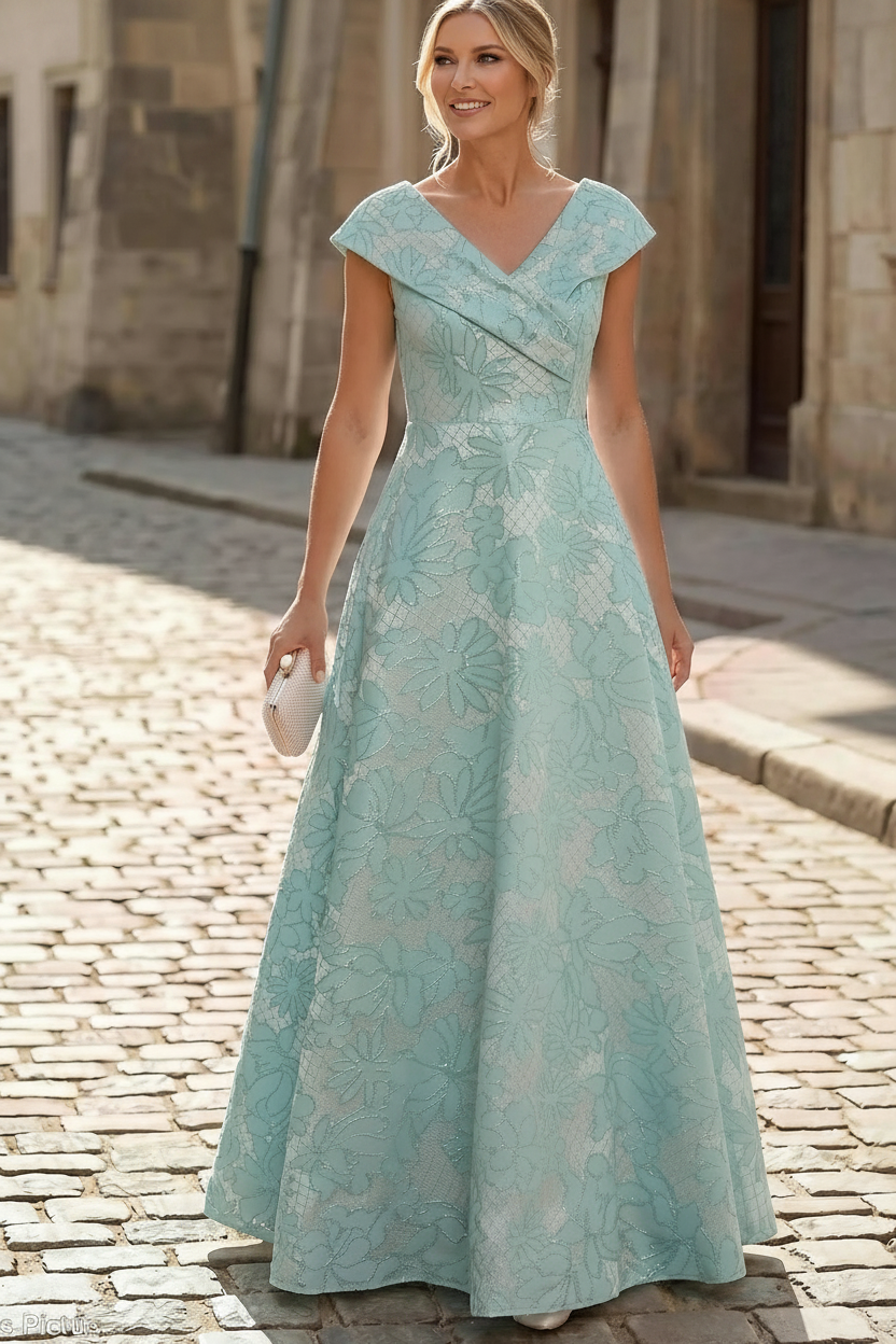 Jacquard A-Line Evening Gown with Wrap Neckline
