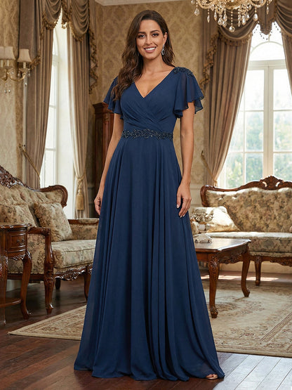 Elegant V-Neck Flutter Sleeve Chiffon Evening Dress
