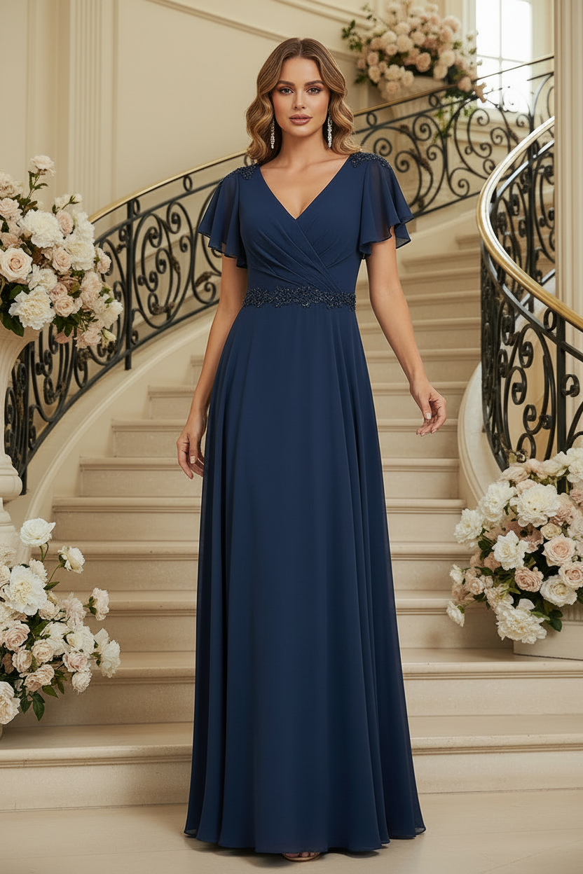 Elegant V-Neck Flutter Sleeve Chiffon Evening Dress