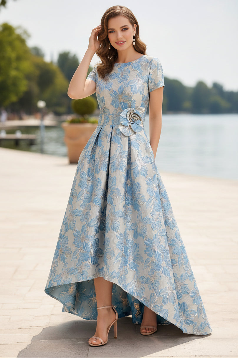 Blue Floral Jacquard High-Low A-Line Mother of the Bride Dress with 3D Flower