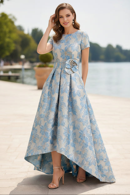 Blue Floral Jacquard High-Low A-Line Mother of the Bride Dress with 3D Flower