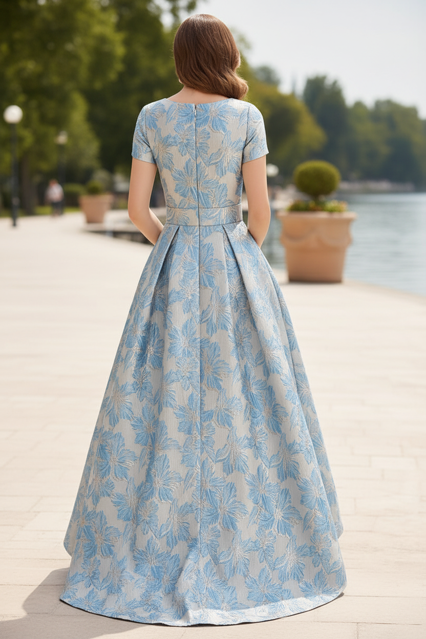 Blue Floral Jacquard High-Low A-Line Mother of the Bride Dress with 3D Flower