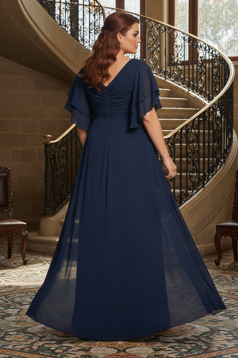 V-Neck Flutter Sleeve Gown with Sequined Underlay
