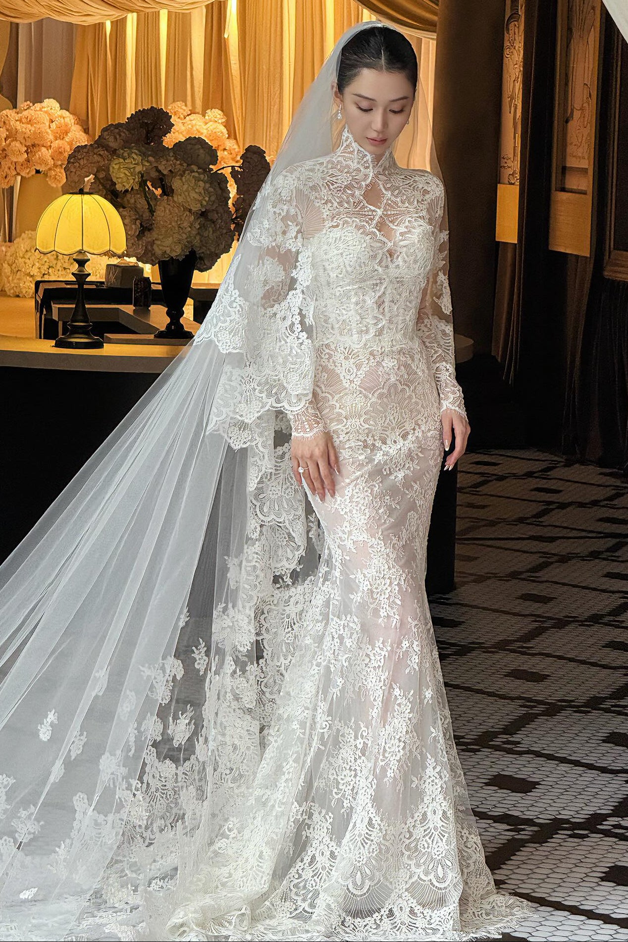 High-Neck Lace Mermaid Wedding Dress