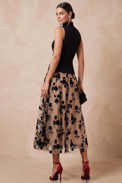 High-Neck Sleeveless Floral Midi Dress