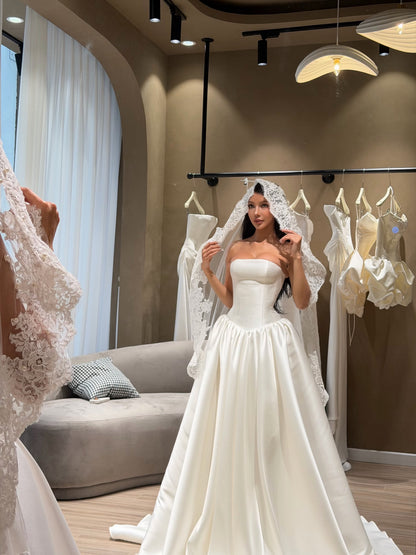 Strapless Satin Ball Gown with Lace Veil