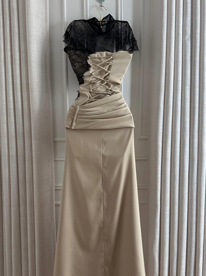 High Neck Lace Bodice Mermaid Evening Gown