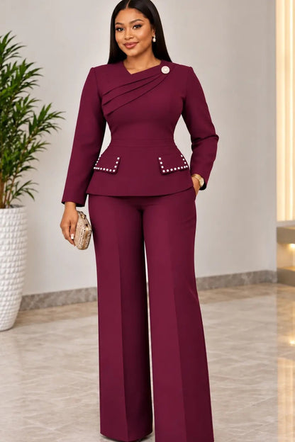 Asymmetrical Pleated Peplum Pantsuit Set