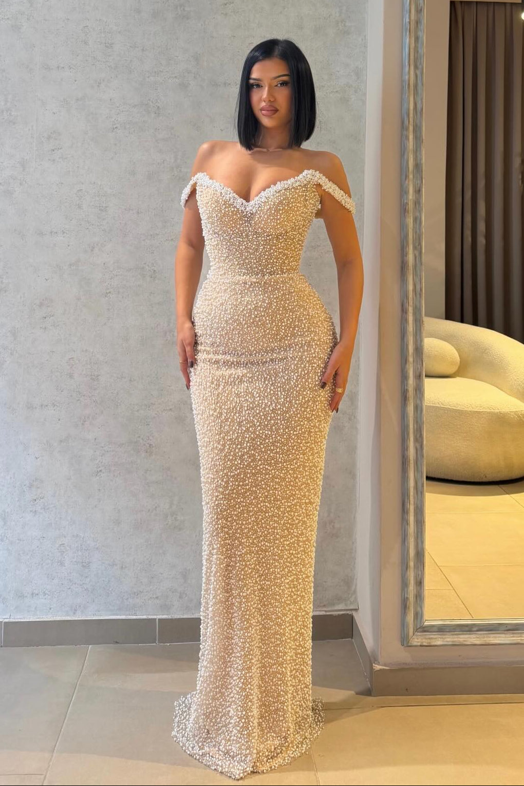 Off-the-Shoulder Pearl Embellished Evening Gown