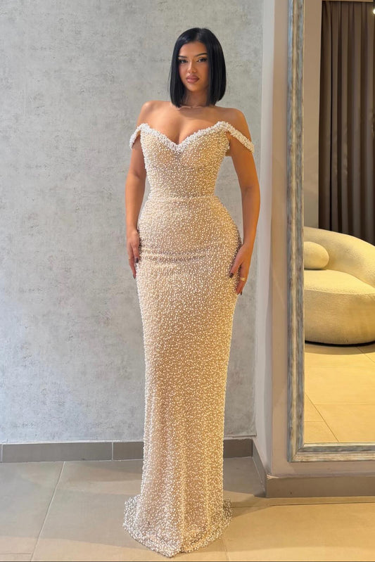 Off-the-Shoulder Pearl Embellished Evening Gown