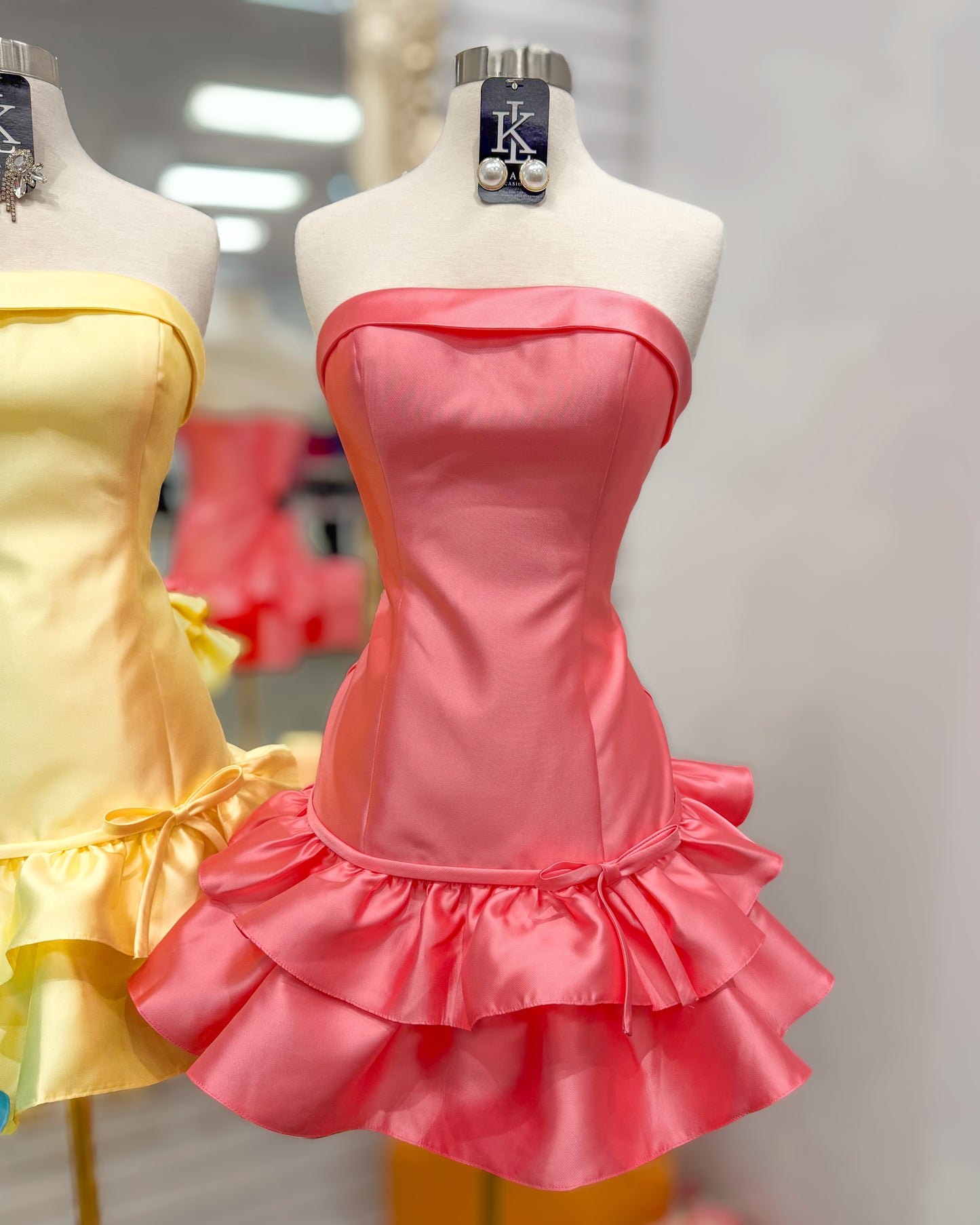 Strapless Tiered Ruffle Mini Dress with Bow