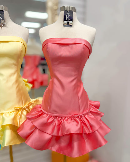 Strapless Tiered Ruffle Mini Dress with Bow