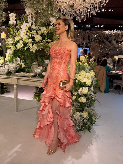 Strapless 3D Floral High-Slit Ruffle Evening Gown