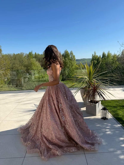 Glitter Corset Ball Gown with Beaded Sweetheart Bodice