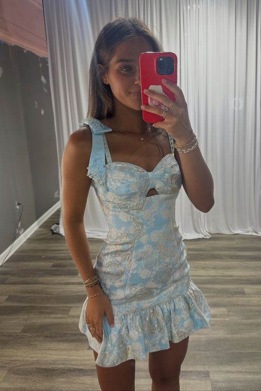 Floral Jacquard Ruffled Mini Dress with Bow Straps