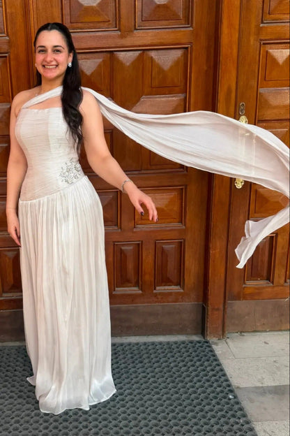 One-Shoulder Pleated Gown with Shoulder Drape