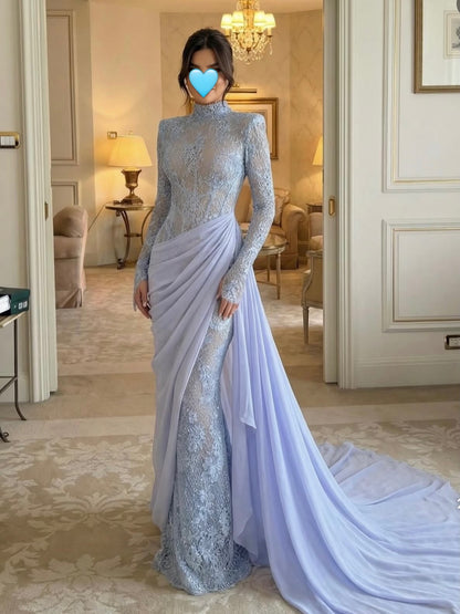 High-Neck Lace Evening Gown with Draped Train