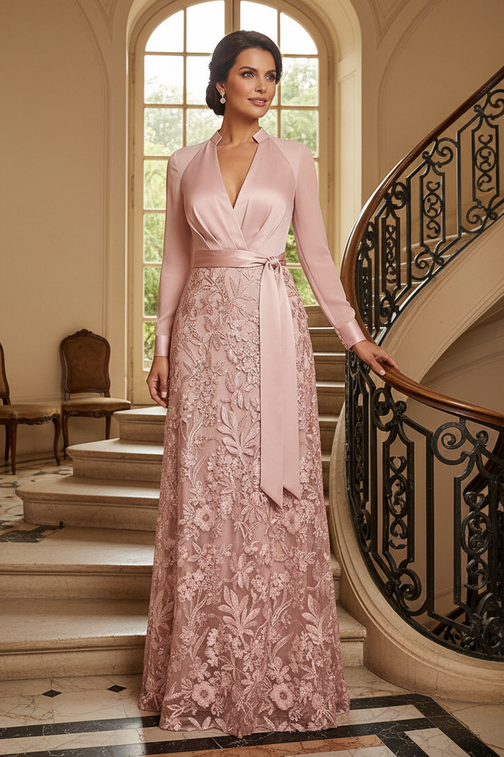 A-Line Lace and Satin Long Sleeve Evening Gown