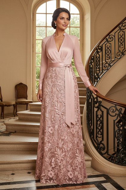 A-Line Lace and Satin Long Sleeve Evening Gown