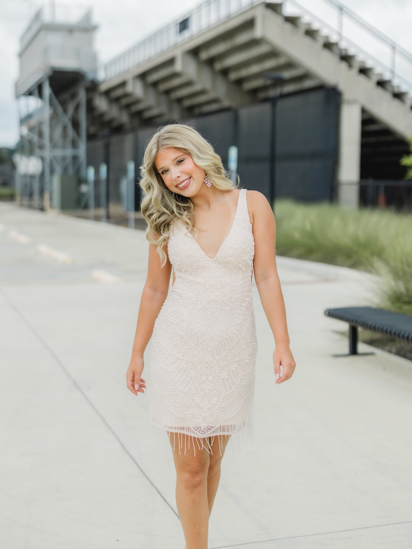 Beaded Mini Dress with Fringe Hem and Open Back