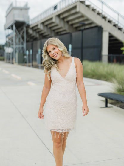 Beaded Mini Dress with Fringe Hem and Open Back