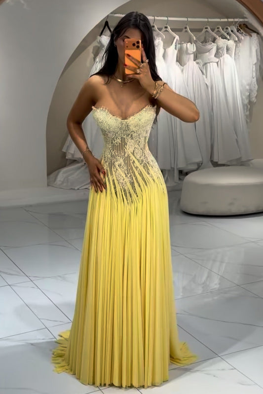Strapless Pleated Corset A-Line Gown